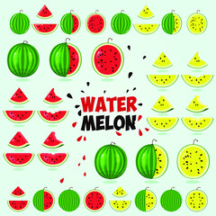 Red and yellow watermelon icons set. Slices of watermelon and whole watermelons in real style. Vivid images of watermelons for various applications.