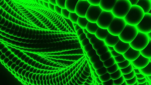 Abstract colorful twisted spiral shaped 3D object moving isolated on a black background. Design. Spinning figure from small circles transforming and rotating.