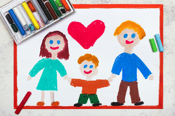 Colorful drawing:  Happy smiling family. Mother, father and their son. - 458090427