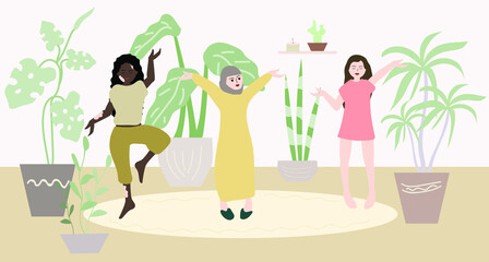 Obraz na płótnie Canvas Girls, women of different nationalities do yoga among indoor plants. African American, Arabian, European culture. Vitiligo of the skin.