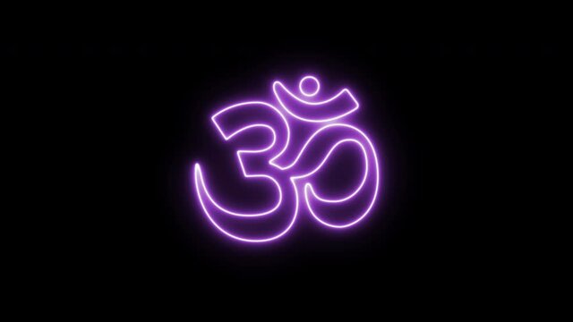 Speritual yoga chakra icon: sahasrara. Om meditation symbol neon flicker animaton on a black background. Motion graphic video