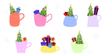 Cups, mugs of different shapes, colors and sizes with Christmas, New Year tree and boxes with gifts.