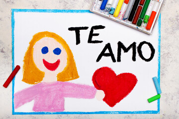 Colorful drawing: A smiling woman holds a red heart in her hand. Declaration of love with inscription in Spanish language means I LOVE YOU - 458090867
