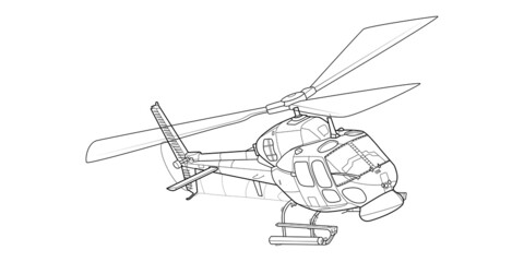 Adult military helicopter coloring page for book. Copter and Aircraft. Vector illustration. Vehicle war-plane Graphic element. chopper. Black contour sketch illustrate Isolated on white background - obrazy, fototapety, plakaty