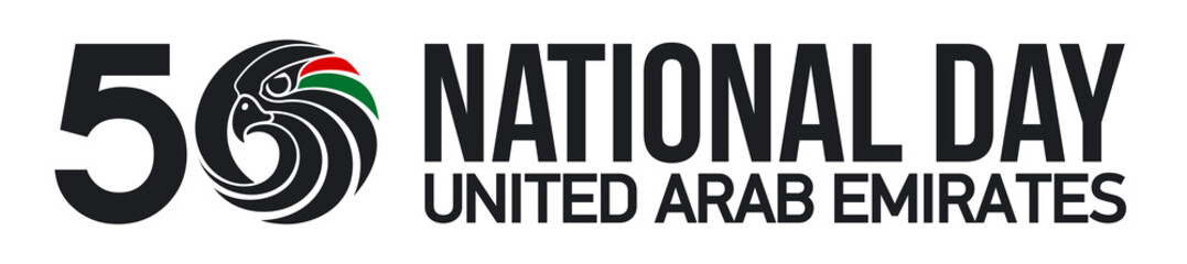 50 UAE national day logo with falcon head icon in the UAE flag colors illustration banner. Sign of United Arab Emirates 2 December Spirit of the union 50 National day Anniversary Celebration Card 2021