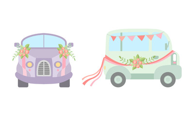 Vintage Car and Van Decorated with Flowers and Ribbon as Wedding Retro Vehicle Vector Set