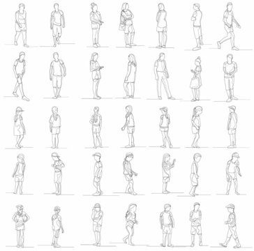 one continuous line drawing, sketch, people set