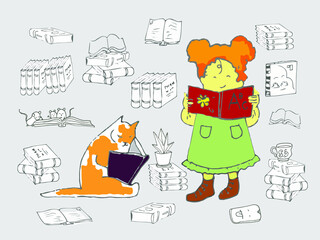 A red-haired girl in a green sundress standing with the alphabet in her hands among the books, open and closed near a reading cat and mice against the background of books and objects in light gray
