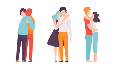 Obraz premium People Characters Embracing Each Other Soothing and Supporting Vector Illustration Set