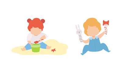 Baby Boy and Girl Sitting on the Floor and Sandpit Playing Toys Vector Set