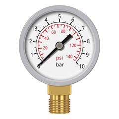 Realistic pressure gauge with brass fitting isolated on white background. Pressure measurement tool. Vector illustration.