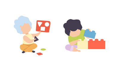 Baby Boy Sitting on the Floor and Playing Toys in Nursery Vector Set