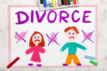 Colorful drawing: Break up or divorce. End of a relationship and two sad people, woman and man and word DIVORCE