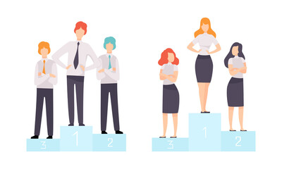 Business and Career Competition with Man and Woman Office Worker Having Rivalry Standing on Pedestal Vector Set