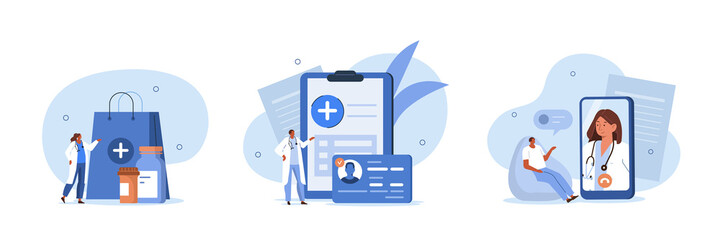 Various medical services. Characters talking with doctor online, buying medicament in pharmacy store, using health insurance policy. Medicine concept. Flat cartoon vector illustration and icons set.