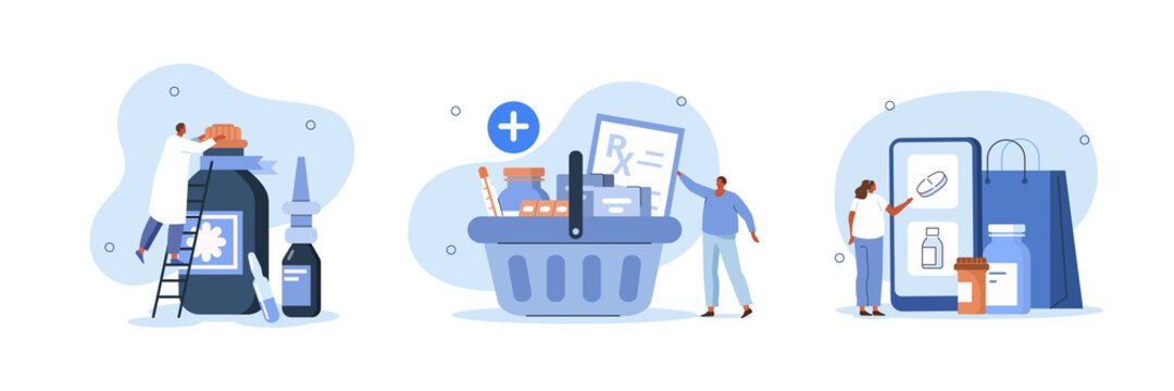 Characters in drugstore holding prescription and putting pills, bottles in basket. People buying medicaments online on smartphone. Pharmacy concept. Flat cartoon vector illustration and icons set.