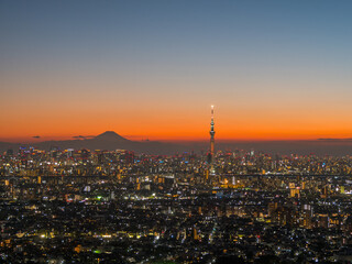 市川市の150m展望台からの東京都心、富士山、スカイツリーの夜景