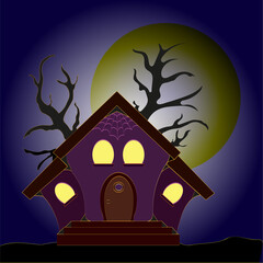 Mystical, fabulous and scary, house at night against the background of the moon, Halloween is a holiday