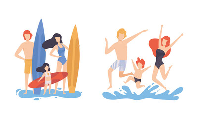 Family at Beach Scene with Father, Mother and Kid Having Fun with Surfboard Splashing in Water Vector Set