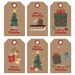 Christmas set of greeting cards with presents, gift box, fir, christmas tree and text Merry Christmas, Vector set of christmas labels