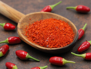 red pepper flakes on wooden spoon on table with small spicy thai chillis