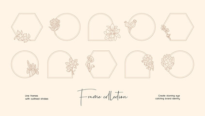 Line art illustration collection of decorative vector frames and wreaths for branding or logo 