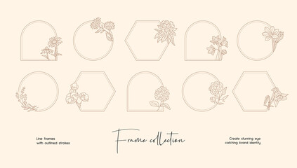 Line art illustration collection of decorative vector frames and wreaths for branding or logo 