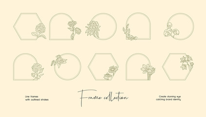Line art illustration collection of decorative vector frames and wreaths for branding or logo 