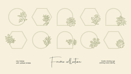 Line art illustration collection of decorative vector frames and wreaths for branding or logo 