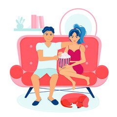 A guy with a girl in comfortable home clothes is sitting on a sofa and eating mouth-watering popcorn from a striped box, and an orange dachshund dog sleeps at their feet. Weekend home holidays.
