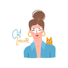 Fototapeta na wymiar Cute girl in a shirt with messy bun hair and cat face paint. The concept of love for animals and pets. Flat cartoon vector illustration Isolated on white background with lettering quote - Cat lover