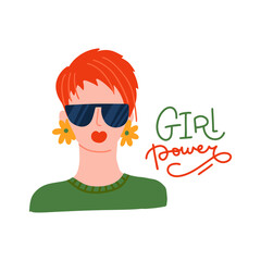 Portrait of a young pretty woman with short pixie haircut and sunglasses. Girl power concept. Vector flat hand drawn illustration isolated on white. Art of a modern girl.