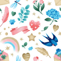Seamless pattern with spring beautiful elements on a white background. Swallow, flowers, rainbow, dragonfly. Raster watercolor illustration in realistic style, hand drawing. Pastel print for textiles