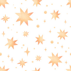 Watercolor seamless pattern - golden stars and polka dots. Starry sky background. Christmas or birthday background. Perfect for greeting cards, fabric, textile, wrapping paper