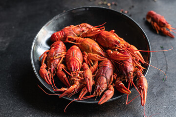crayfish fresh boiled seafood crustaceans ready to eat meal snack on the table copy space food background rustic pescetarian diet