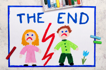 Colorful drawing:  End of a relationship and two sad people, woman and man and word THE END. Break...