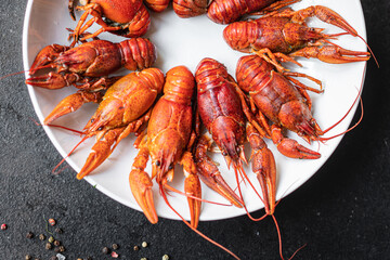 crayfish fresh boiled seafood crustaceans ready to eat meal snack on the table copy space food background rustic pescetarian diet