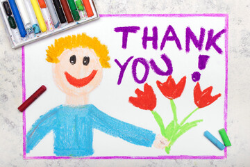 Colorful drawing: Happy man holding a bouquet of flowers. Word THANK YOU - 458096603