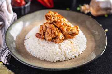 curry rice meat chicken spices tomato sauce meal snack on the table copy space food background rustic 