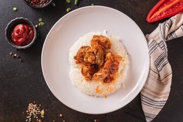 curry rice meat chicken spices tomato sauce meal snack on the table copy space food background rustic 