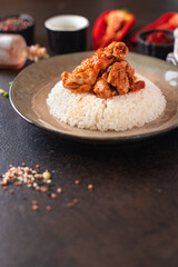 curry rice meat chicken spices tomato sauce meal snack on the table copy space food background rustic 