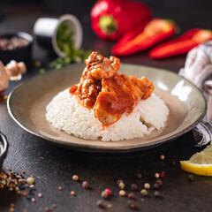 curry rice meat chicken spices tomato sauce meal snack on the table copy space food background rustic 