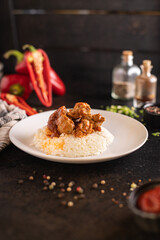 curry rice meat chicken spices tomato sauce meal snack on the table copy space food background rustic 