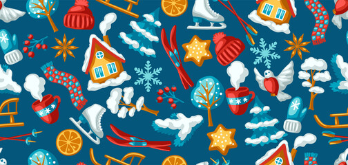 Naklejka premium Winter seasonal seamless pattern. Outdoor leisure and cute fun things. Merry Christmas holiday and vacation.