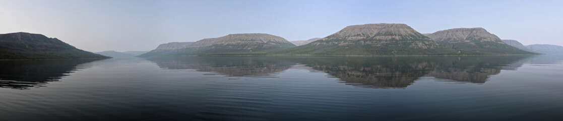 Putorana plateau, a panorama of a mountain lake.