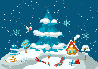 Winter seasonal scene. Outdoor leisure and cute fun things. Merry Christmas holiday and vacation.