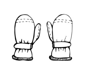 Gloves in black outline. Sports winter mittens drawn with black lines. Mittens, gloves. Black and white illustration. Doodle mittens. Winter clothes.