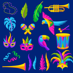 Carnival party set of celebration icons, objects and decor. Mardi Gras illustration for traditional holiday.