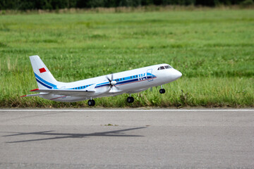 Realistic passenger rc airplane takes off. Rc models competition.