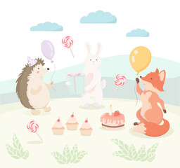 cute cartoon animals celebrate their birthday in a meadow vector image